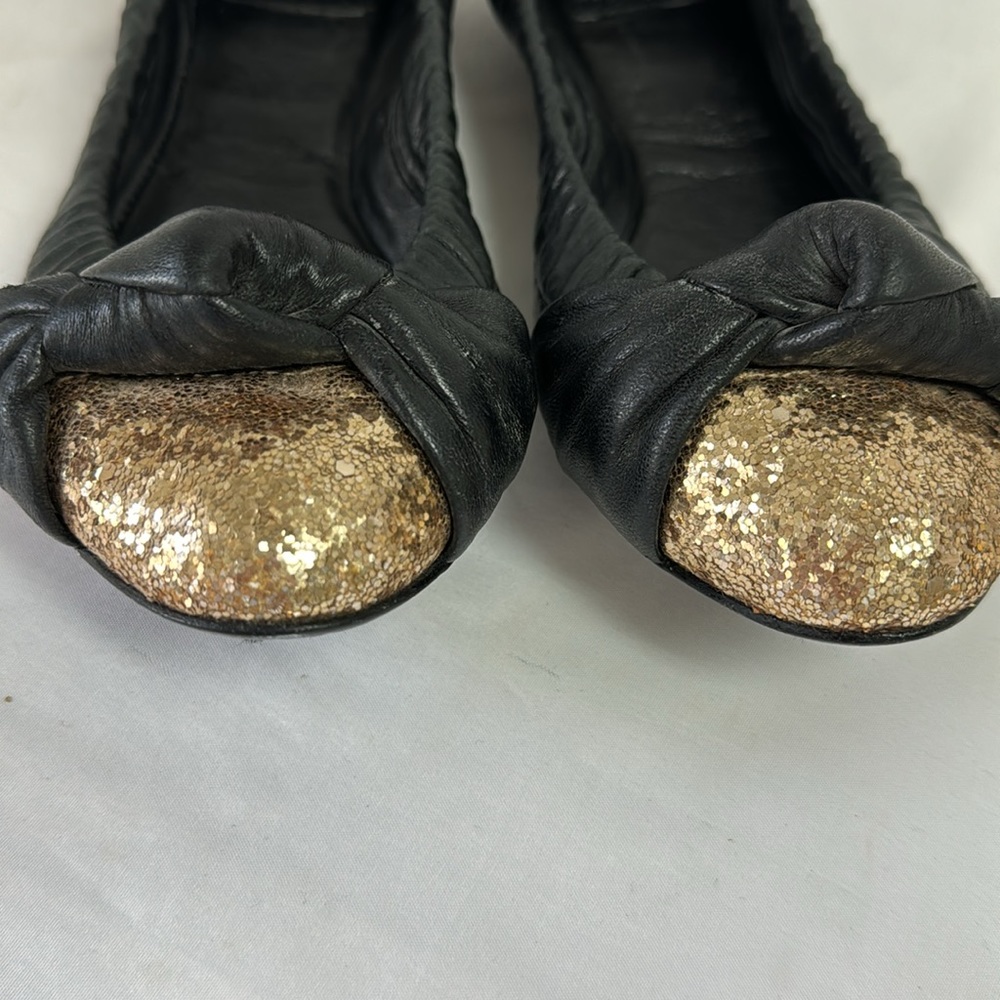 TORY BURCH “Katie” Black Leather Ballet Flats With Gold Glitter Toe Size 7 - Picture 4 of 10